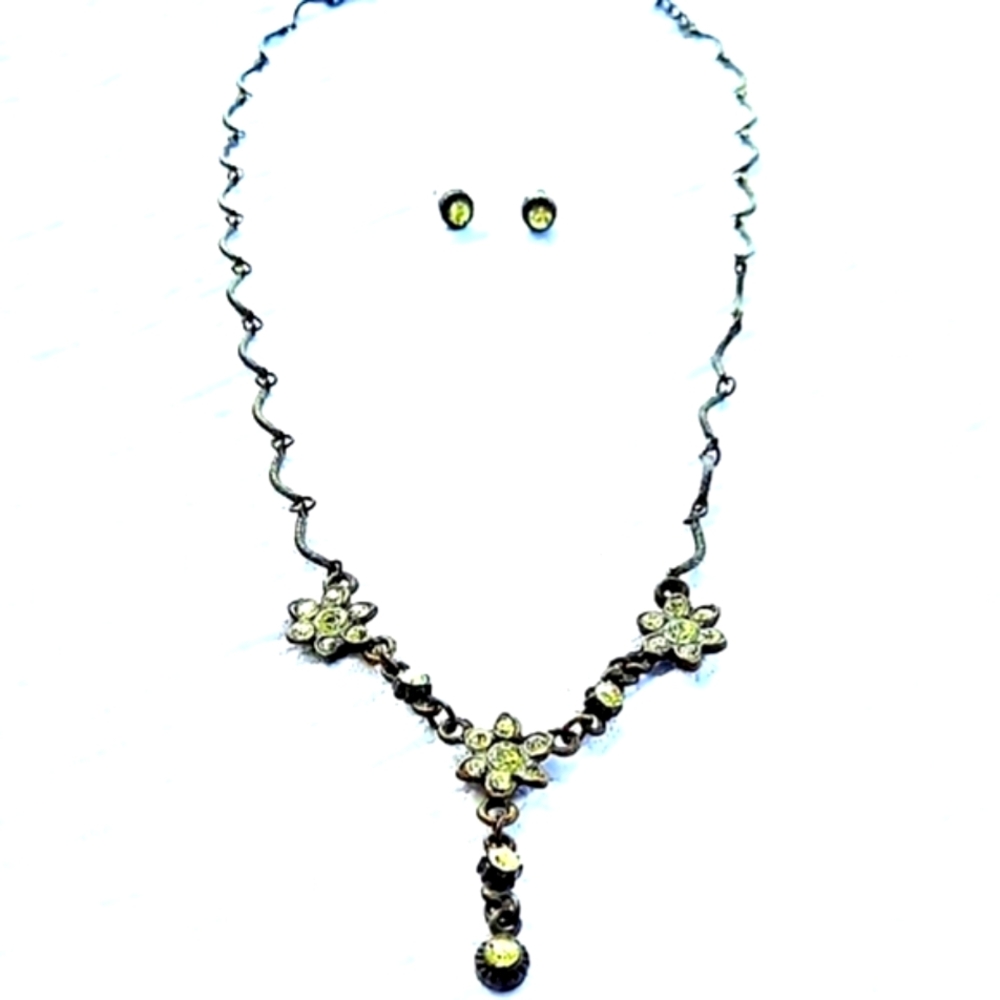 💞💗 Vintage Green Rhinestone Lariat style Leaf & Flower Necklace Set
